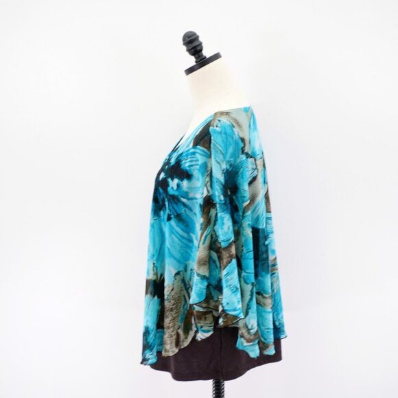 Zac & Rachel Teal Gray Floral V-Neck Ponco Flutter Sleeveless Blouse Top XL Poly - Picture 5 of 9
